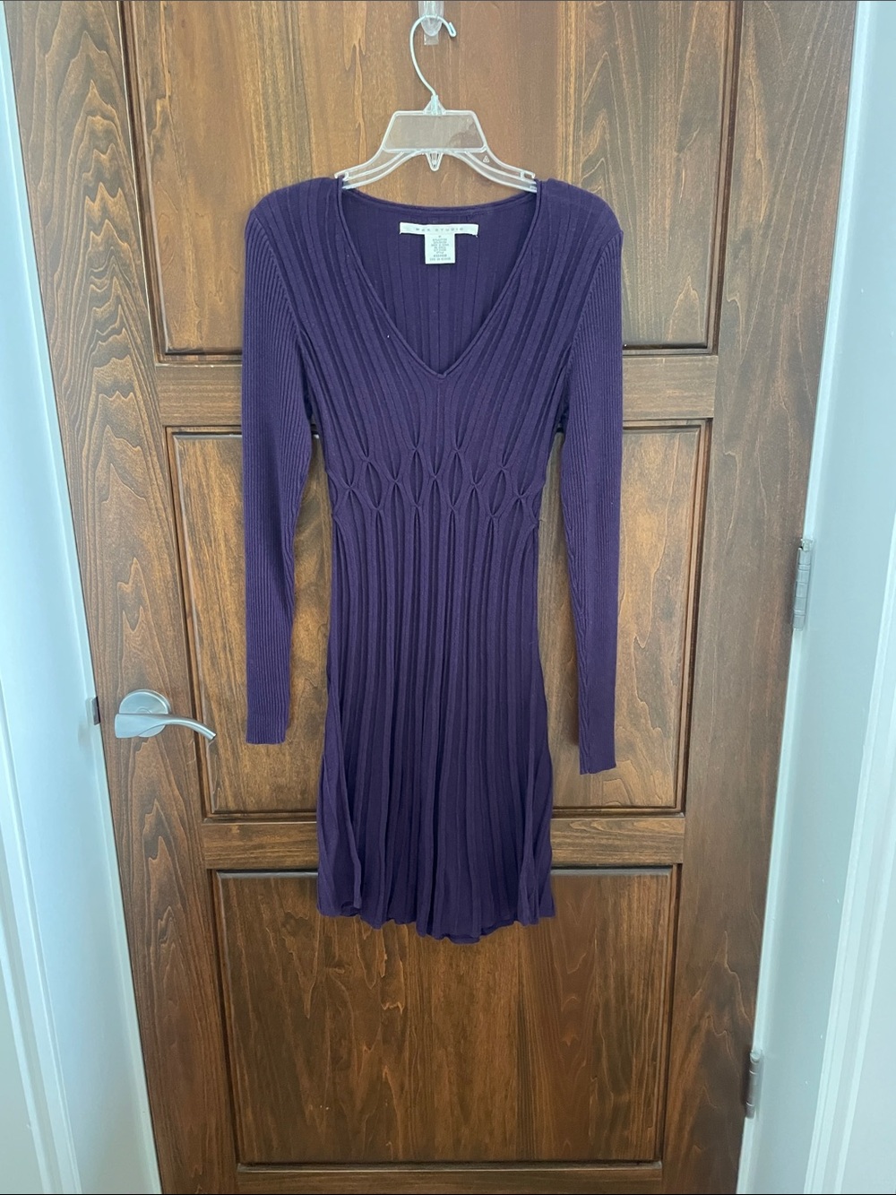Max Studio Plum Ribbed V-Neck Long Sleeve Knit Dress